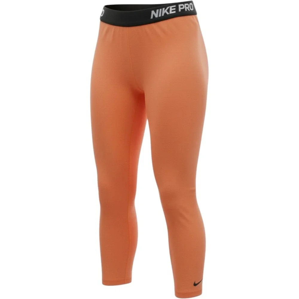 Nike Pro Women Neon Orange Capri Leggings Grey Waistband Size M Athletic Pants